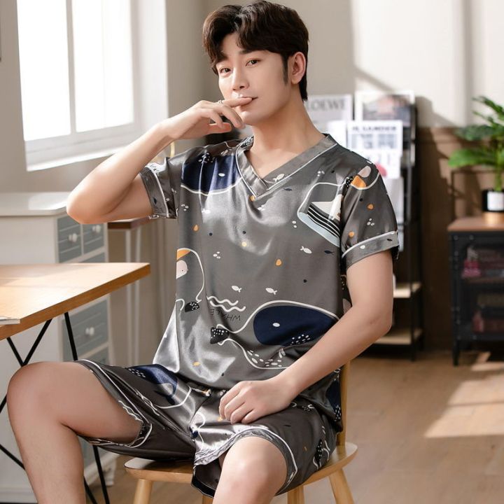 Pajamas%20Men%20Ice%20Silk%20Short-Sleeved%20Student%20Homewear%20Two-Piece%20Set%20of%20Easy-to-Clean%20Short-Sleeved%20Shorts%20Nightwear%20Loungewear%20-%20Image%203