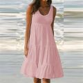 Summer Simple Pure Color Bohemian Round Neck Vest Skirt Classic Basic Daily Outdoor Dress Up Loose Pleated Midi Dress. 