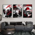 3pcs Vintage Japanese Style Natural Landscape Wall Art Canvas Painting Oriental Black&Red Poster Prints Picture for Home Decor. 