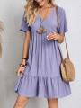 Women Elegant Short Sleeve V Neck Ruffles Dress Summer Casual Solid Loose Mini Dress Chic Bohemian Sundress Beach Party Vestidos. 