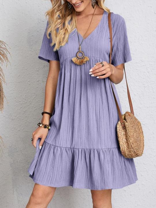 Women%20Elegant%20Short%20Sleeve%20V%20Neck%20Ruffles%20Dress%20Summer%20Casual%20Solid%20Loose%20Mini%20Dress%20Chic%20Bohemian%20Sundress%20Beach%20Party%20Vestidos%20-%20Image%205