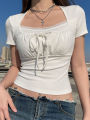 Casual White Knitted Lac Patched Female T-shirts Y2K Korean Style Slim Tie Up Shirring Summer Top Tee Folds Outfits. 