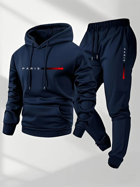 PARIS Letter Print Sweatshirt Suit Men's Fleece Hoodie Pants Set Spring Autumn Winter Warm Casual Sports Pullover Trousers Sets