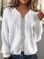 Plus-size women's solid color long-sleeve open-collar casual knitted twist zip jacket coat. 