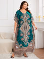 Spring/Summer New plus Size Women's Ethnic Print Vacation Style Wrap Long Robe Elegant Commute Loose Dress. 