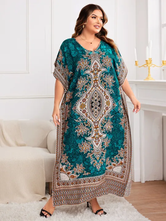 Spring/Summer%20New%20plus%20Size%20Women's%20Ethnic%20Print%20Vacation%20Style%20Wrap%20Long%20Robe%20Elegant%20Commute%20Loose%20Dress%20-%20Image%202