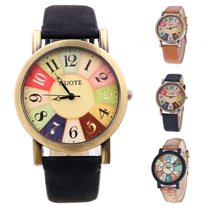 Women'S Quartz Watch Rainbow Color Digital Clock Wood Grain Turntable Top New Famous Retro Casual Leather Strap Student