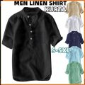 Men's Plus Size Kurta T-Shirt Linen Short Sleeve Plain Shirt Casual Muslimah Raya Shirts Tops Baju Kemeja Lelaki Berkolar. 