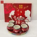 Chinese tea set Tea Tea Cup auspicious wedding tea ceremony Tea Set 4 tea water glass with teapot and Gold red tile tray. 