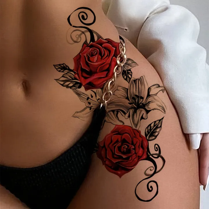 2pcs%20Red%20Temporary%20Rose%20Flower%20Arm%20&%20Leg%20Tattoo%20Stickers,%20Stripper%20Chest%20&%20Thigh%20Design,%20Waterproof,%20Perfect%20for%20Women%20-%20Image%203