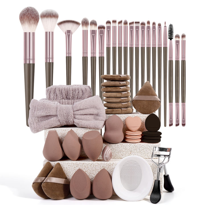 MAANGE 50pcs Makeup Kit 20pcs Professional Makeup Brush Set 25pcs Air Cushion Puffs Eyelashes Curled 4pcs Wash Accessories 