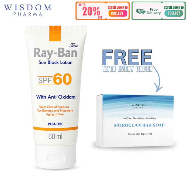 Wisdom Pharma Ray-ban Forte Sun Block Lotion SPF-60 With Anti-Oxidant For Men & Women | Sunblock for Oily & Dry Skin | Original Sun Block | Sun Protection Cream | Best Sunblock in Pakistan | No White Cast | Lightweight & Non Greasy | 60ml