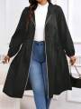 Plus Size Solid Drawstring Zip Up Hooded Coat, Casual Long Sleeve Pocket Outerwear for Fall & Winter, Women's Clothes for Daily. 
