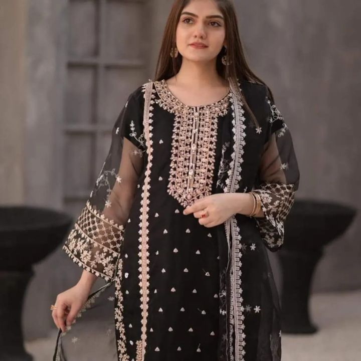 THAZAB Fancy Organza 3pcs Stitched suit for women