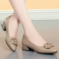 Zapatos De Mujer Women Light Weight Black Leather Slip on Square Heel Office Shoes Lady Casual Hotel Work Beige Heel Shoes B26.