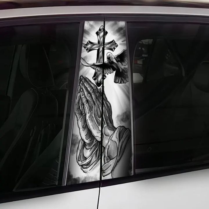 2 pcs Christian cross car sticker, car B-pillar waterproof trim covering scratches DIY door pillar sunscreen vinyl sticker
