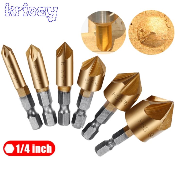 6 Pcs Countersink Drill Bit Set 1/4'' Hex Shank HSS 5 Flute Countersink ...