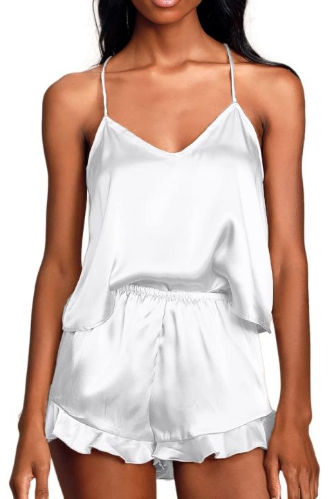 Sexy%20Silk%20Satin%20Pajama%20Set%20for%20Women%20%E2%80%93%20V-Neck%20Cami%20Top%20and%20Ruffled%20Shorts%20Bridal%20Lingerie,%20Perfect%20for%20Nightwear%20-%20Image%207