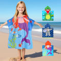 1 Children's Beach Towel, Cartoon Beach Cape with Hat, Soft and Absorbent, Suitable for Family, Shower, Swimming and Beach. 