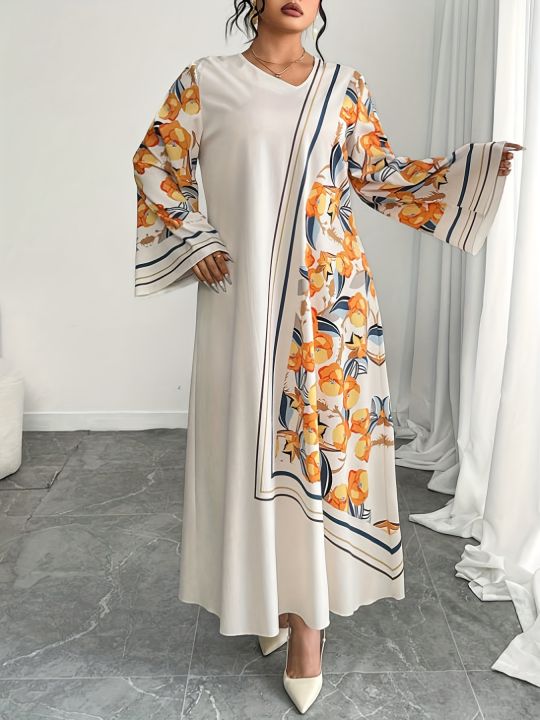 Plus%20Size%20Fashionable%20Women's%20Middle%20East%20Robe%20Dress%20Ethnic%20Print%20Loose%20Comfortable%20Vacation%20Style%20Long%20Sleeve%20V-Neck%20Gown%20-%20Image%205