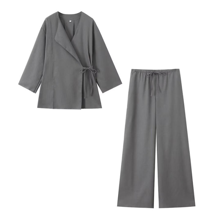 Willshela%20Women%20Fashion%202%20Piece%20Set%20Solid%20Lace%20Up%20Shirts%20&%20Vintage%20Elastic%20Waist%20Trousers%20Feamle%20Chic%20Lady%20Pants%20Sets%20-%20Image%202