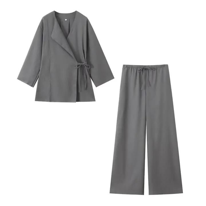 Willshela%20Women%20Fashion%202%20Piece%20Set%20Solid%20Lace%20Up%20Shirts%20&%20Vintage%20Elastic%20Waist%20Trousers%20Feamle%20Chic%20Lady%20Pants%20Sets%20-%20Image%202