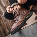 Men's Hand-Stitched Fashion Boots, Retro Lace-Up Mid-High Casual Shoes, Suitable for Spring and Autumn Daily Wear, Outdoor Hiking Boots, Comfortable Large-Size Men's Shoes.