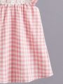 Girls cute pink and white plaid dress - exquisite lace flower decoration. 