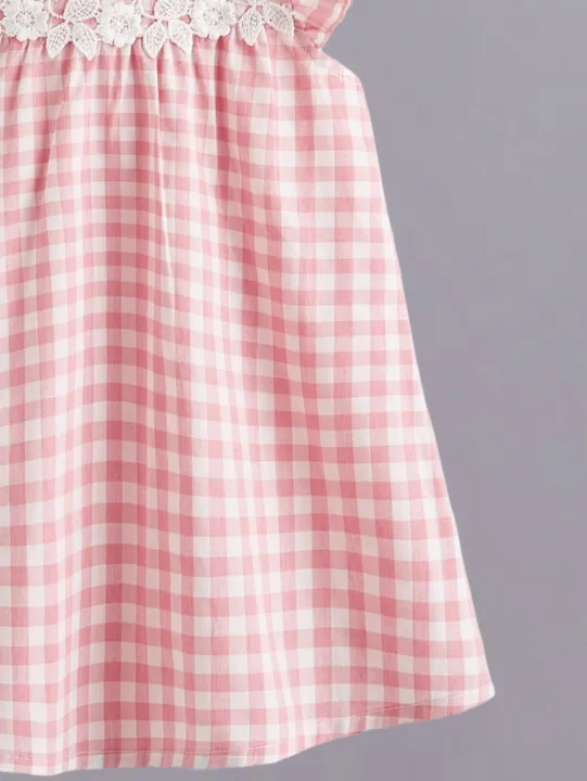 Girls%20cute%20pink%20and%20white%20plaid%20dress%20-%20exquisite%20lace%20flower%20decoration%20-%20Image%203