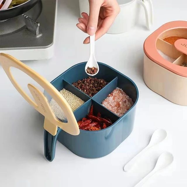 Multi Storage 4 Section Kitchen Spices Lid Box With Spoons