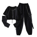 Spring Autumn Women Harajuku Cargo Pants Handsome Cool Two-piece Suit Chain Long Sleeve+Ribbon Pants.