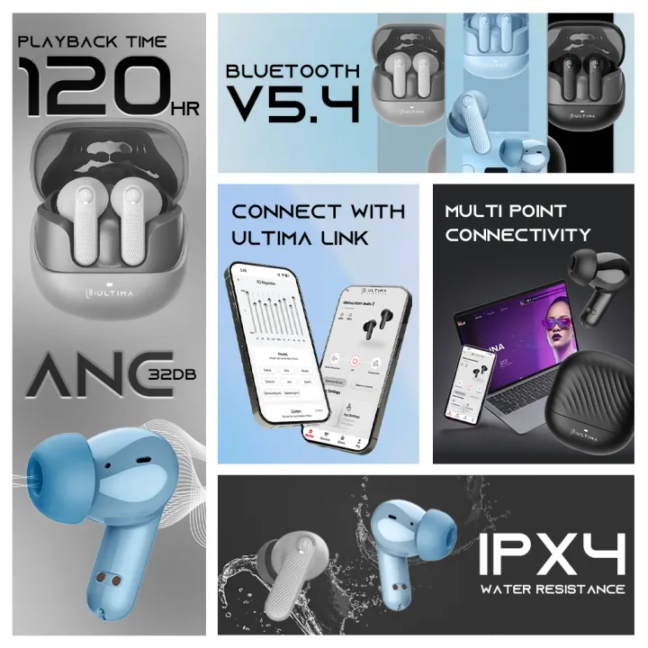 (New Launch) Ultima Atom Buds 2 | Powered by Ultima Supreme Sound | 120 Hrs Total Playtime | 50ms Latency | Bluetooth V5.4 | Ultima Link App Support | ANC upto 32 dB | Quad Mic | Low Latency Game Mode | Multi-Point Connectivity