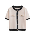 Women Summer Women's Knitted Jacket New Casual Fashion Classic Round Neck Single-Breasted Short-Sleeved Sweater Coat Tops. 