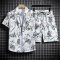 Hawaiian Beach Shirt Ensemble Men's Baggy Short-Sleeved Combo for Hainan Travel Vacation Cartoon Half-Sleeved Floral Shirt Tops. 