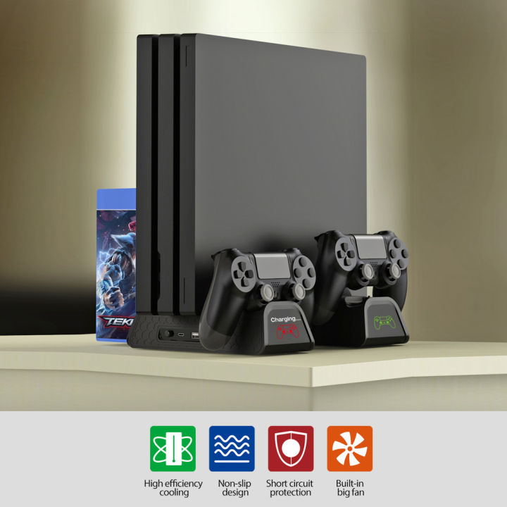 PS4 Stand with Cooling Fan for PS4/PS4 Slim/PS4 Pro, for Playstation 4 Cooling Station with PS4 Controller Charger and 12 Game