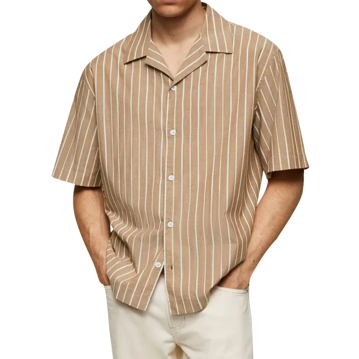 Male Fashionable Stripped Patchwork Retro Business And Daily Half Sleeved Summer Cardigan With Buttons Basics And Versatile