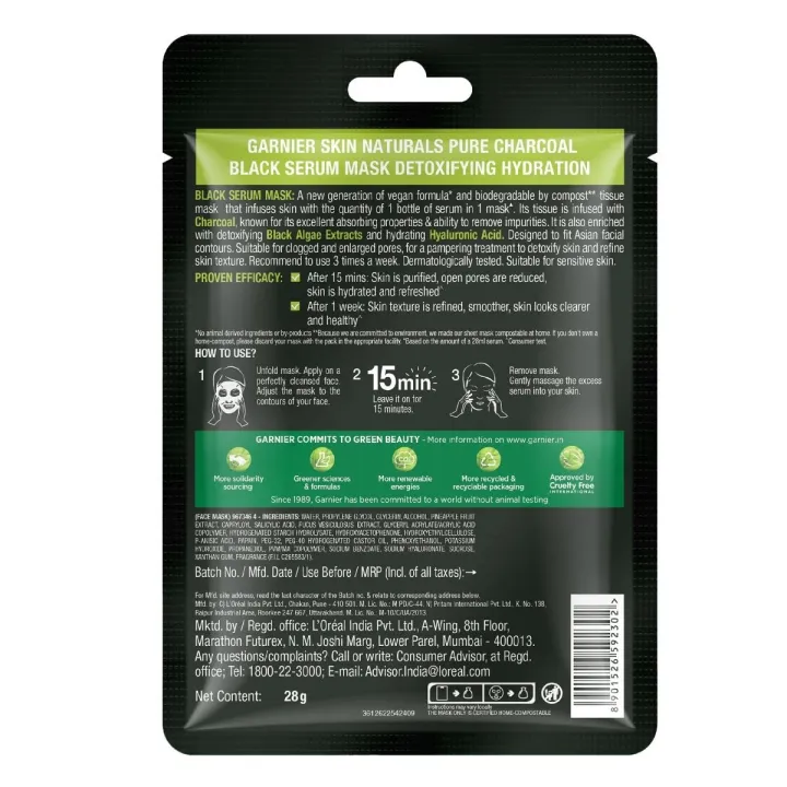 Garnier%20Skin%20Naturals,%20Face%20Mask,%20Hydrating%20&%20Detoxifying,%20Black%20Serum%20Mask%20Pure%20Charcoal,%201%20pc,%2028gm%20-%20Image%202
