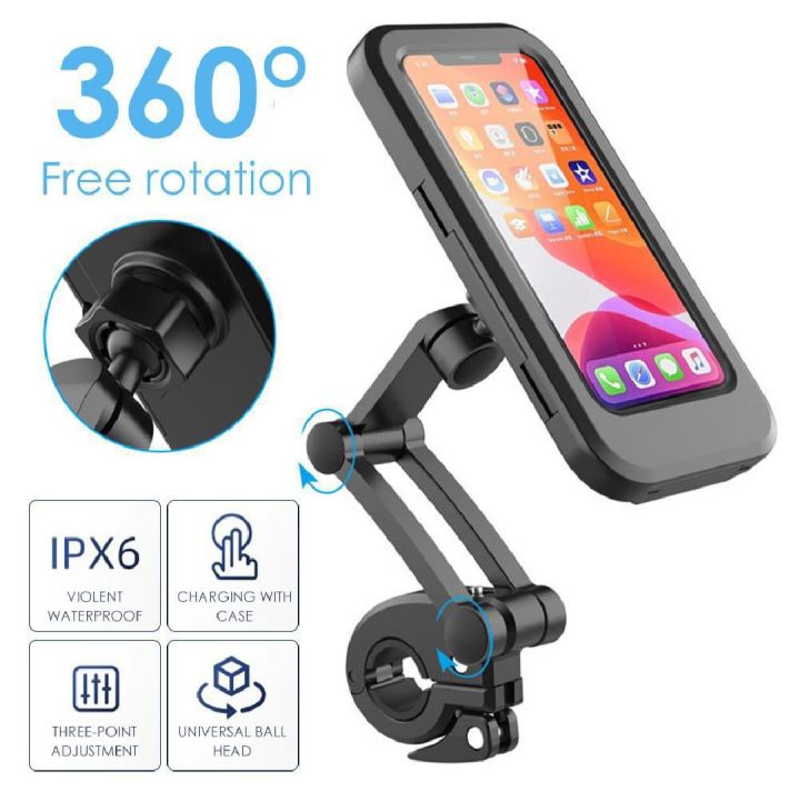 Waterproof Mobile Holder for Bike – 360° Rotating Handlebar Phone Mount Case – Shockproof, Touchscreen Support, Universal Bicycle & Motorcycle Stand