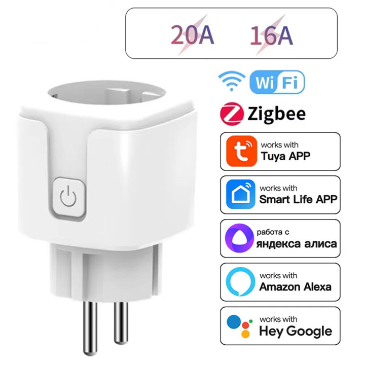 EU Plug Zigbee or WIFI 16/20A, Smart Socket With Power Monitor Timing, Voice Control Works with Tuya APP Alexa  Home Alice