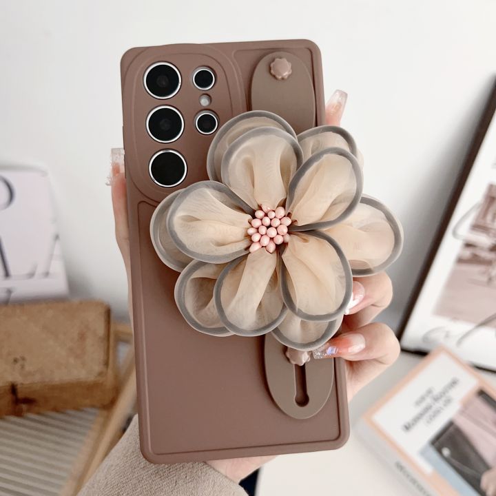 For Samsung Galaxy S24 S23 S22 S21 FE Ultra A14 A24 A34 A54 A53 A05S 3D Flower Brown Khaki  Wrist Strap Holder Classic Back Case