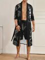 Men's Chinese Style "Dragon Dance" Print Robe Set Black Open Front Belted Kimono & Shorts 2 Piece Streetwear. 