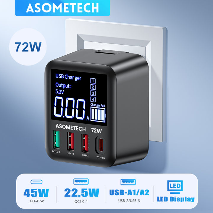 ASOMETECH 72W GaN USB Charger 4 Port With LED Display QC3.0 PD3.0 PPS 45W USB C Fast Charger For iPhone 16 iPad  
