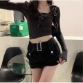 Y2K Summer New A-line Miniskirt High Waist Street Fashion Denim Retro Straight Tube Hip Wrap Skirt Women's Belt Skirt. 