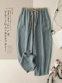 Summer Retro Cotton Linen Loose Harem Pants Elastic Drawstring Waist Casual Pants Basic Versatility Wide-leg Ankle-Length Pants.