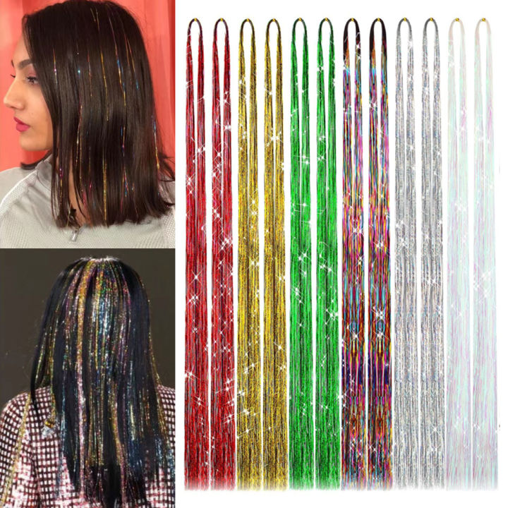 Hair Tinsel Kit With Tools 200 Strands Glitter Tinsel Hair Extensions Heat Resistant Highlights Sparkling Fairy Hair For Women