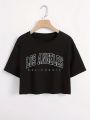 Letter Graphic Casual Crop Short Sleeve T-shirt Round Neck Running Sports Tee Women's Activewear.