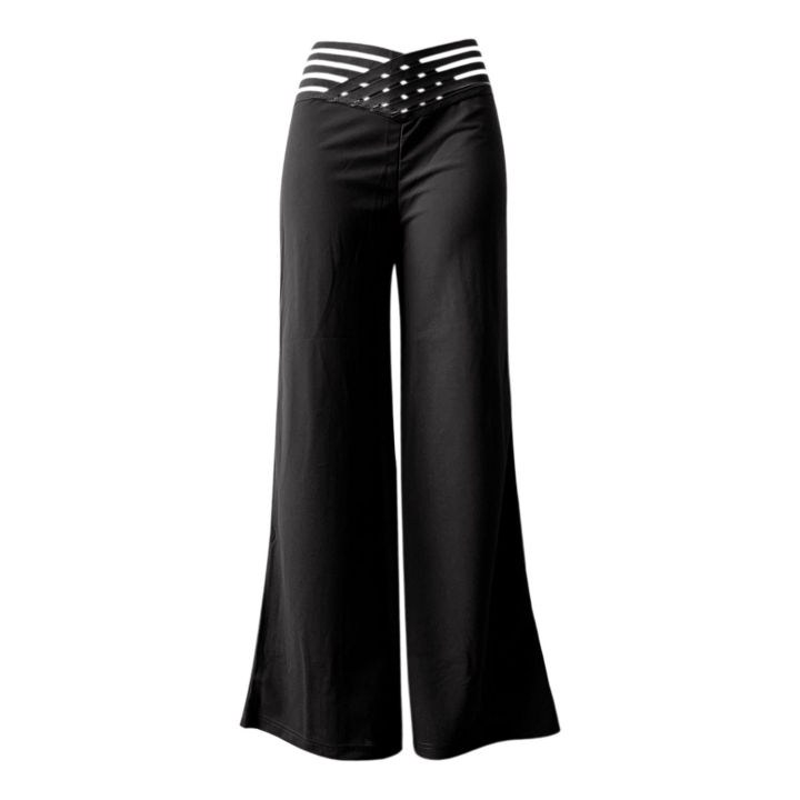 Women%20Flared%20Pants%20Elegant%20Office%20Lady%20Casual%20High%20Waist%20Trousers%20Spring%20Summer%20Solid%20Crisscross%20Sheer%20Mesh%20Patch%20Wide%20Leg%20Pant%20-%20Image%206