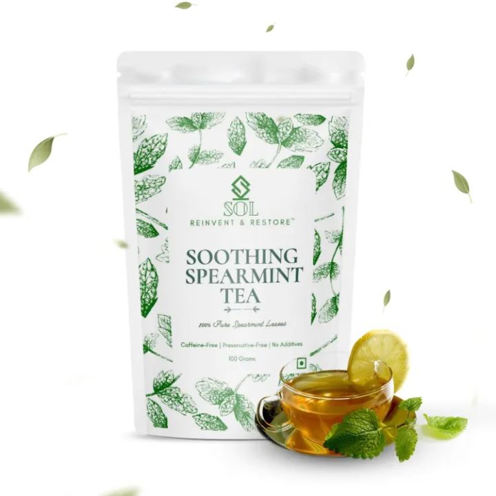 SOL Spearmint Tea For PCOS, Acne & Pimples, Unwanted Facial Hair, Hormonal Imbalance, 100 Grams, Caffeine Free Herbal Tea, 100% Natural & Pure (Loose Leaves, 100 Grams)