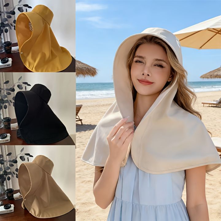 Wide Brim Shawl Sun Hat For Women Neck Face Cover Protection Fisherman Hat With Ponytail Hole Beach Travel Outdoor Photography