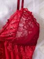  Lace Lingerie Set for Women, Red Sleepwear Nightdress with Matching Panties, V-Neck Sheer Lace Camisole, Romantic Night. 